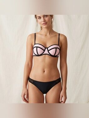Ardene Black Pink Bandeau Bikini Set Removable Straps Mesh Hip Detail Size M